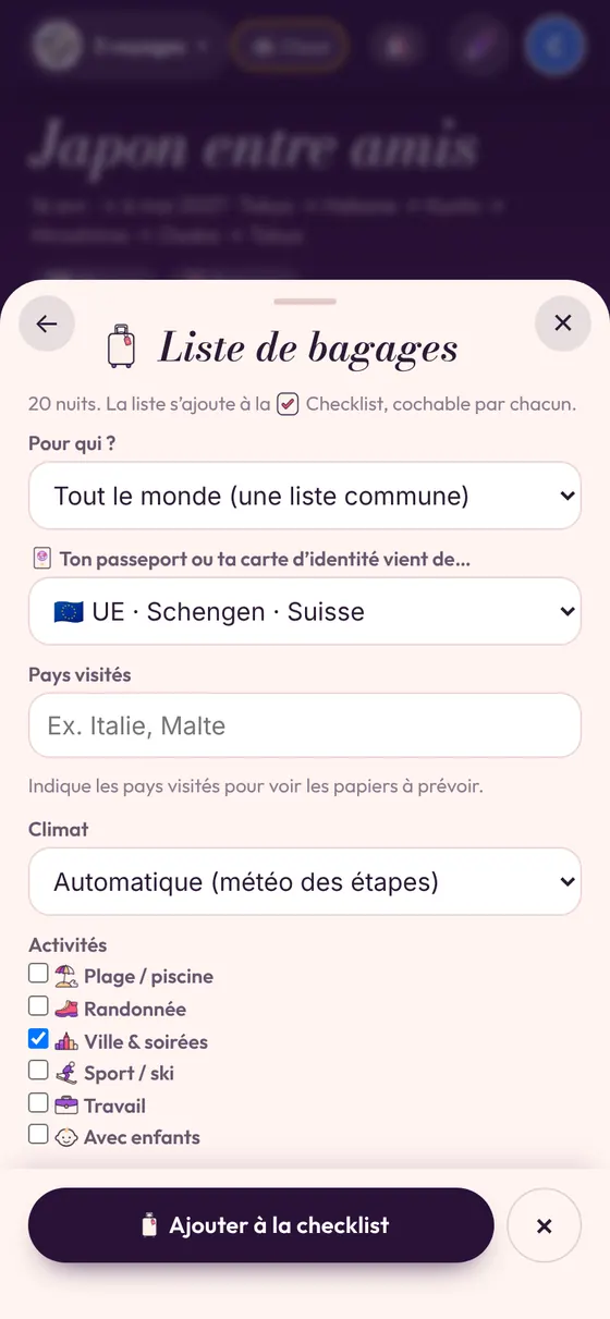 La liste de bagages selon le climat et les activités
